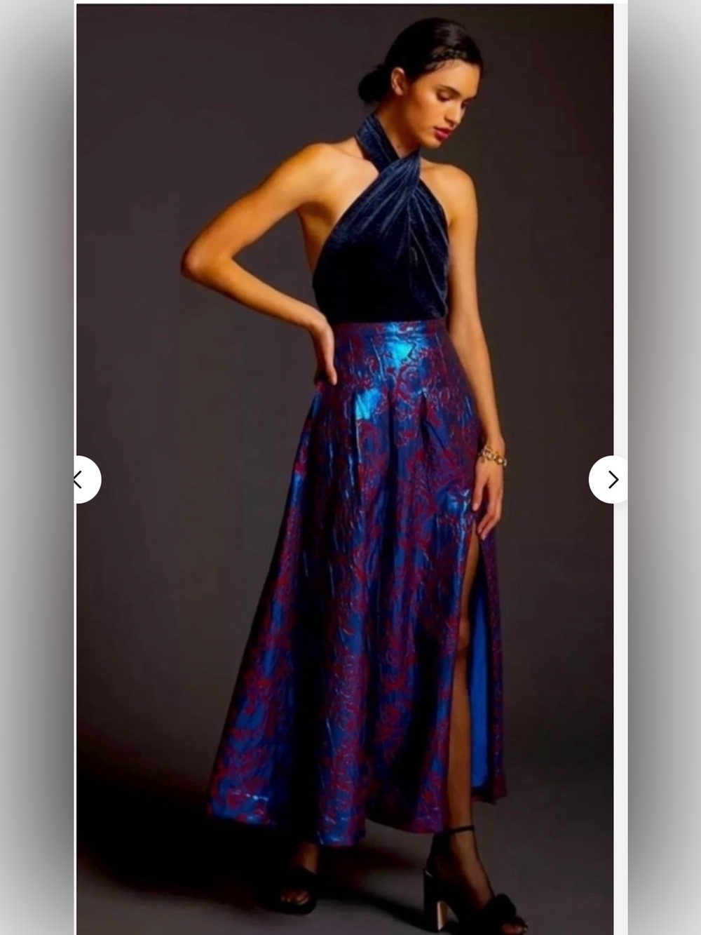 Anthropologie Blue and Burgundy Metallic Jacquard Maxi Skirt
